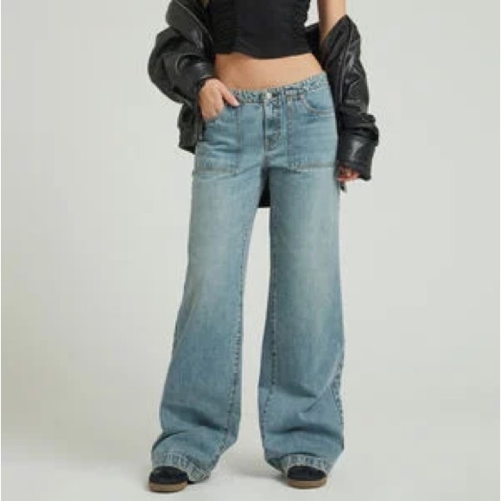 PACSUN Casey Medium Indigo Patch Pocket Low Rise Baggy Jeans